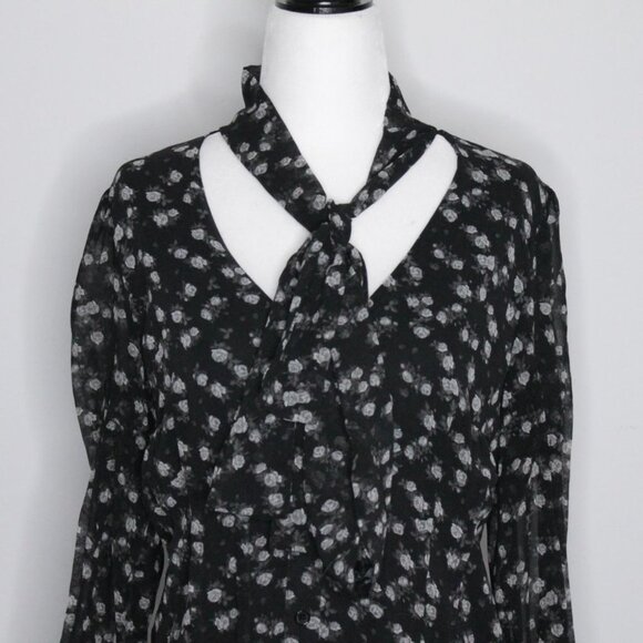 Michael Michael Kors Black Grey Floral Print Long Sleeve Blouse Size S - Picture 13 of 16